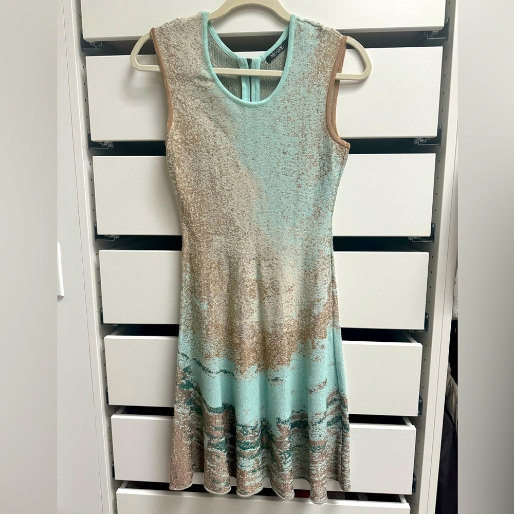 NIC + ZOE Sleeveless Knit Twirl Dress Champagne Turquoise Size PS